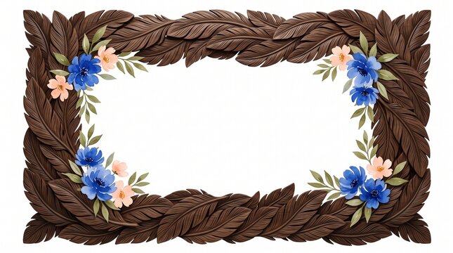 Rustic wooden feather frame with blue floral elements isolated on white background, carved wood leaves border with spring flowers, elegant botanical picture frame for wedding invitations and