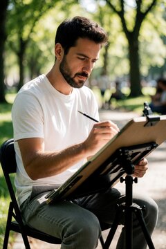 Young bearded male artist draws caricature on large sketchbook in public park. Creative man sits on folding chair using pro easel for outdoor sketching. Summer daylight hobby activity shows talented