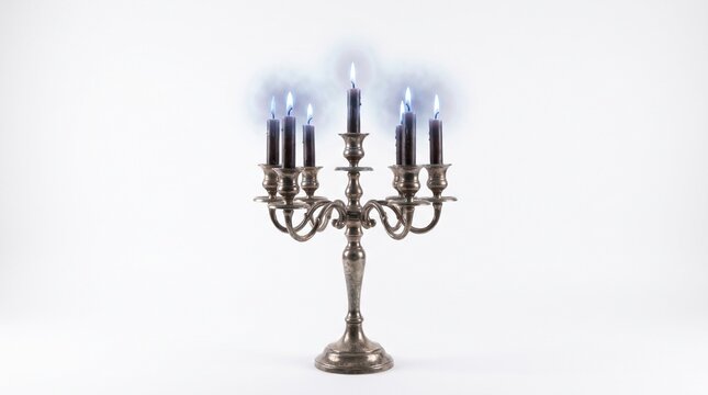 Vintage silver candelabra with blue flames on white background