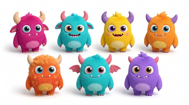 Colorful cartoon monsters with cute expressions on white background
