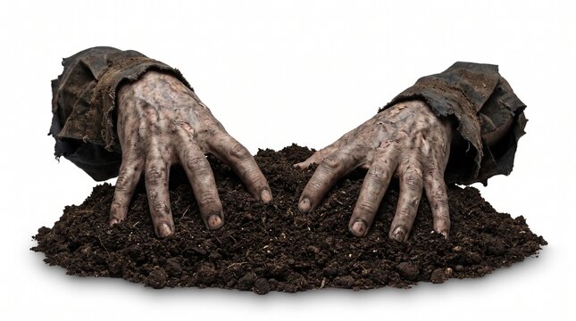 Zombie hands emerging from soil in a horror-themed setting