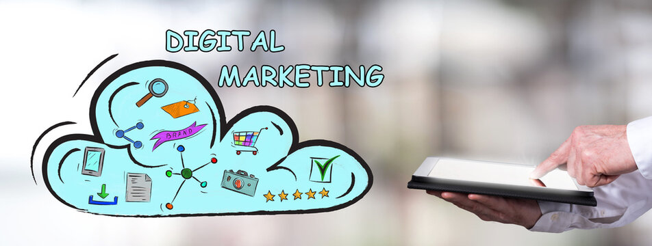 Digital marketing concept with man using a tablet