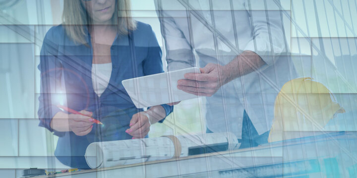 Architects working on plans, double exposure, geometric pattern