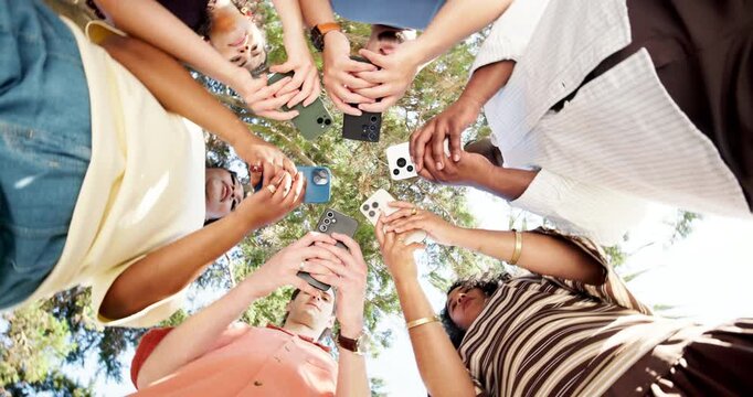 University students, outdoor and hands with phone, education or study with research on social media. College, knowledge and people with mobile, low angle and typing message on web and communication