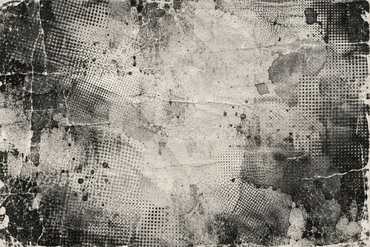 Grunge vintage paper halftone texture with distressed scratches stains and monochrome gray abstract background for retro print design overlays