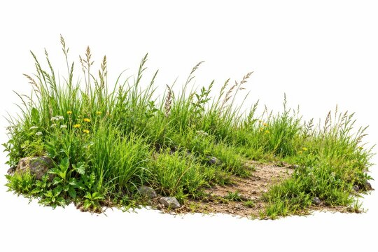 Realistic green grass patch with wild plants and dirt path isolated on white background for landscape architects and architectural visualization