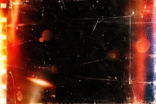 Retro film light leak overlay with scratch dust flare and grainy vintage texture on black background for cinematic photo editing