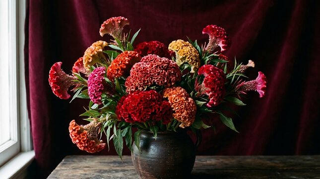 Vibrant cockscomb celosia blooms in varied red and yellow hues arranged in a dark ceramic vase on a rustic wooden table against a deep red velvet backdrop