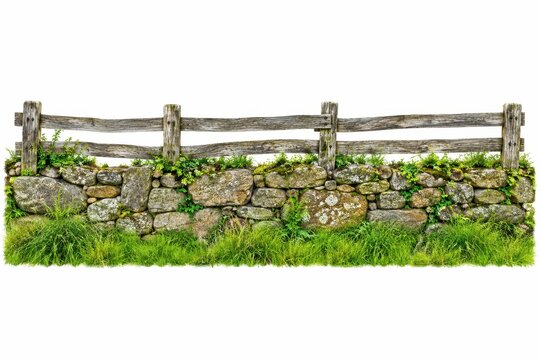Weathered wooden fence and detailed stone wall with lush green grass isolated on clean white background for landscaping design resources