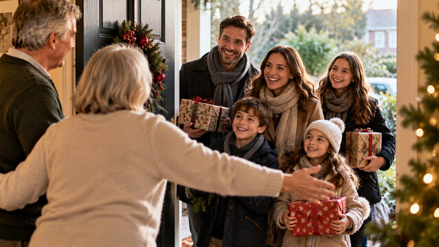 Happy family arriving at grandparents home with Christmas gifts, joyful multigenerational reunion and warm holiday celebration