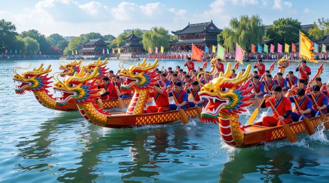 Traditional dragon boat race on river during summer festival. Many men in red outfits paddle long colorful boats with dragon heads. Asian cultural event features teamwork, water sport competition in