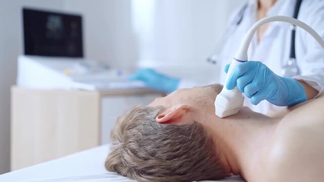 Doctor woman with blue medical gloves performing neck ultrasound exam on male patient. Medicine service concept