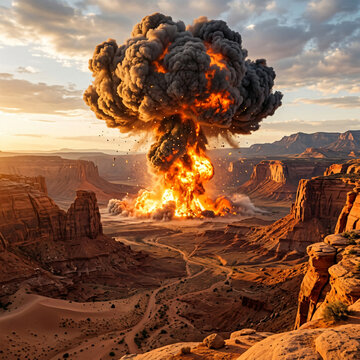 A massive fiery explosion erupting in a desolate desert landscape during sunset.