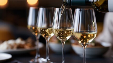 Obraz premium White wine being poured from a bottle into one of four glasses on a dining table