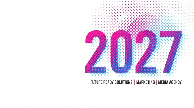 2027 typography banner with pink and cyan halftone dots pattern on white background for business marketing, media agency branding, corporate future planning, new annual calendar, and copy space