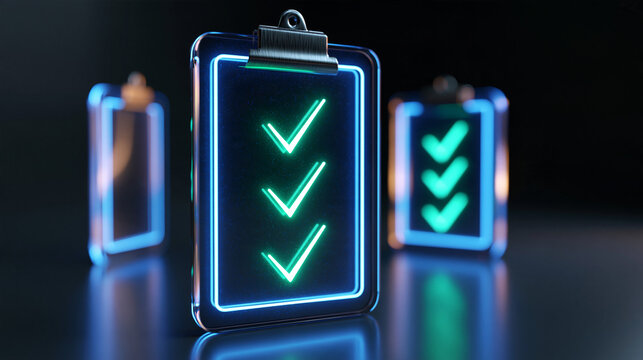 Upright translucent clipboard outlined in blue neon with three luminous green checkmarks brushed metal clip and beveled acrylic edges in sharp focus subtle reflections on a dark