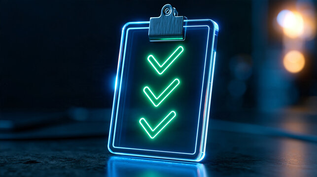 Upright translucent clipboard outlined in blue neon with three luminous green checkmarks brushed metal clip and beveled acrylic edges in sharp focus subtle reflections on a dark