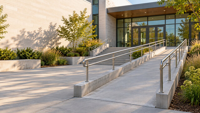 Concrete entrance ramp with handrails beside steps at public building