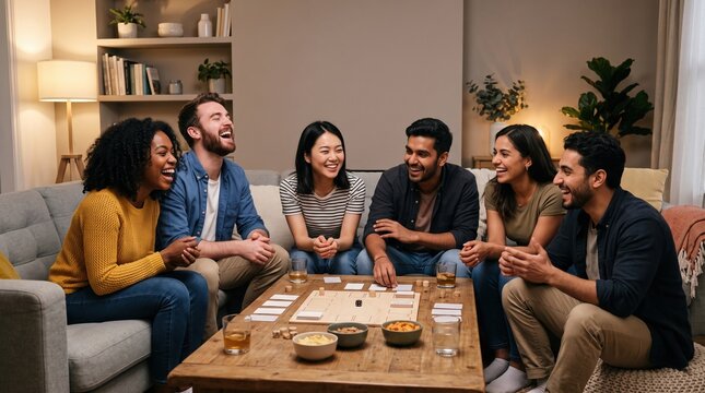 Friends laughing around board game in living room