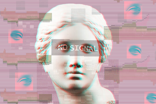 Surrealistic vaporwave background with data rot and video distortion effects. Antique Aphrodite sculpture illustrating file corruption and error aesthetics in modern design.