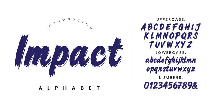 Impact handwritten brush font style uppercase lowercase alphabet letters design vector template