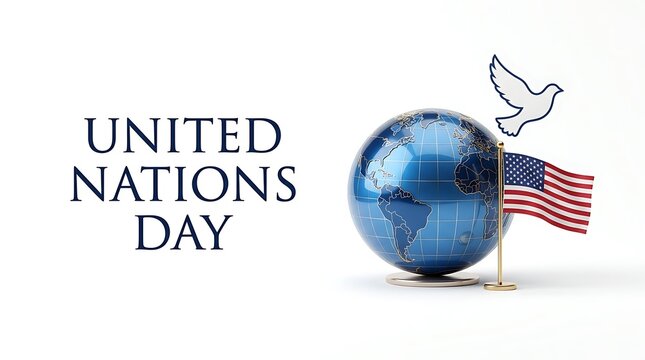 United nations day celebration concept with a blue globe, a white dove of peace, and the american flag isolated on white background