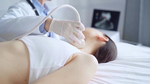 Doctor man is using ultrasound equipment on neck of female patient lying down for a medical examination. Medicine and science
