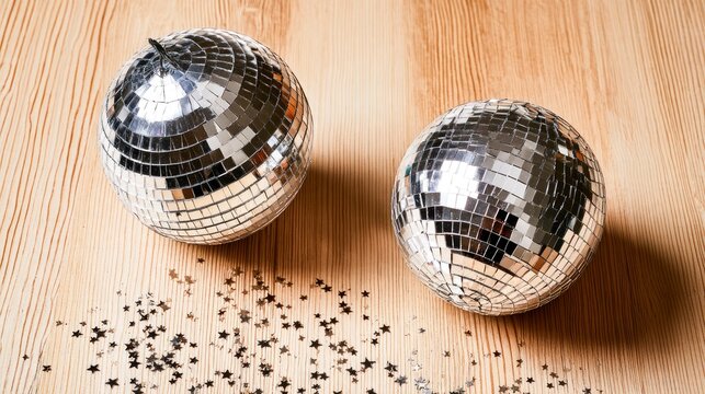 Silver disco balls resting with star glitter on a light wooden table in a sharp focus studio shot for event planning and party invitation marketing