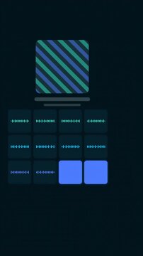 Vertical 9:16 animated sampler pads triggering in turn in cyan and teal on a dark background. Seamless looping 4K motion graphics in portrait format for reels, shorts, stories and music videos, with f