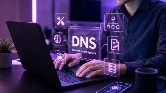 Professional working on laptop with DNS domain name system holographic interface