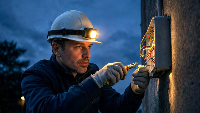 Electrician repairing utility junction box at dusk with focused lighting
