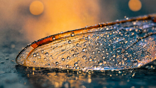 Dragonfly wing covered in water droplets on reflective surface with natural light