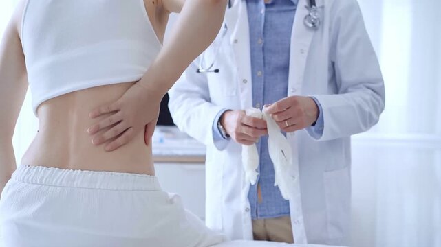 Doctor man putting on medical gloves, getting ready to examine a patient sitting on the examination table. Medicine and health care
