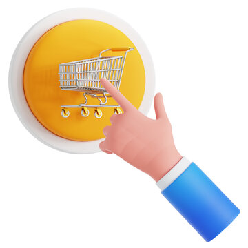 3D rendering hand clicking shopping cart button for online checkout concept