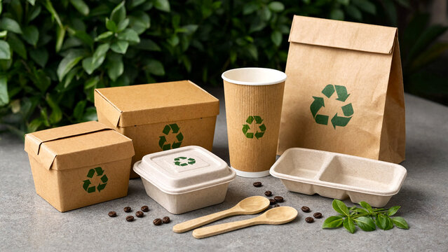Eco-friendly packaging set with recycling symbols for sustainable branding and marketing materials