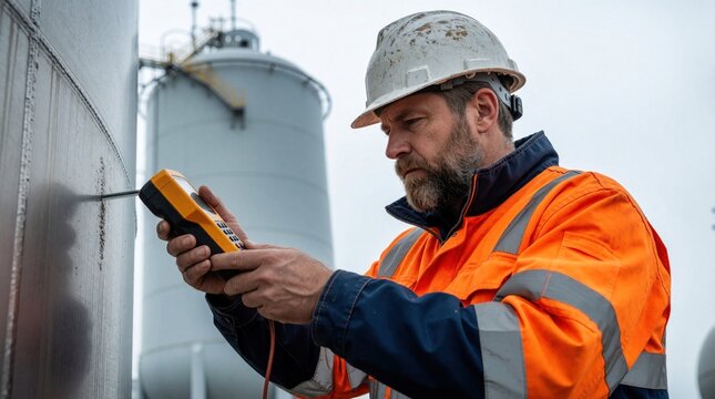 Pro technician uses ultrasonic thickness gauge to inspect large propane storage tank at petrochemical plant. Male engineer performs non destructive testing on metal shell for safety compliance.