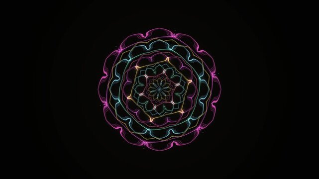 Abstract Colorful Neon Magenta Cyan Gold Scalloped Floral Sacred Geometry Mandala Motion Background