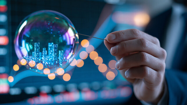 Cropped view of a suited hand holding a needle near an iridescent bubble reflecting miniature data towers a softly defocused financial dashboard with unlabeled rising and falling