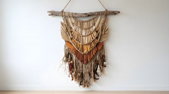 Bohemian Style Macrame Wall Hanging with Driftwood and Layered Fiber Art in Earthy Tones for Interior Decoration