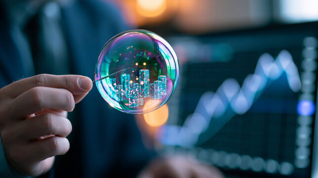 Cropped view of a suited hand holding a needle near an iridescent bubble reflecting miniature data towers a softly defocused financial dashboard with unlabeled rising and falling