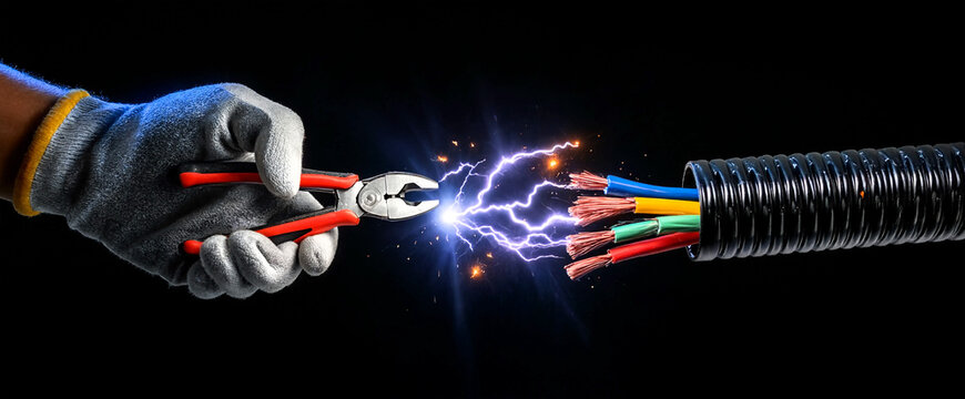 Electrician demonstrating live spark between wires with protective gloves in dark studio