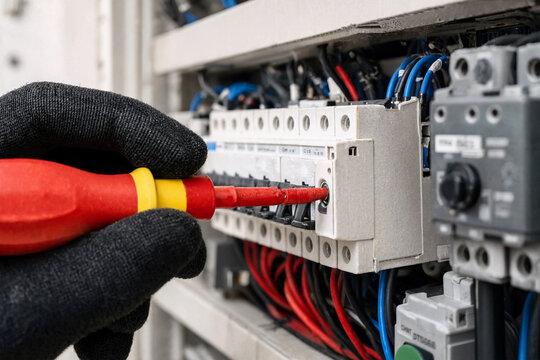 Electrician connecting wires to circuit breaker panel in industrial setting with copy space