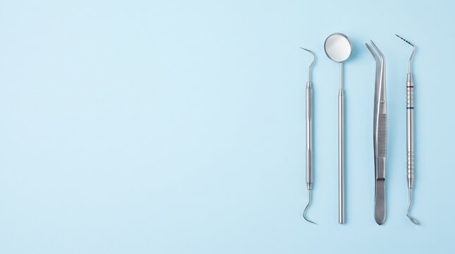 Set of dental tools and mirror on light blue background flat lay