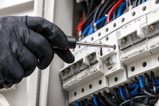 Electrician testing circuit breaker in industrial panel with copy space