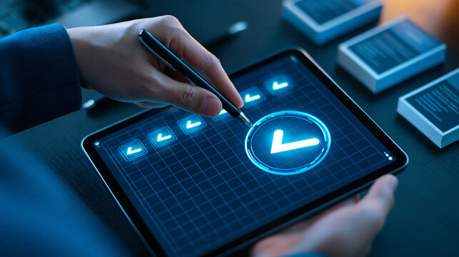 Overhead view of a tablet showing a completed luminous checklist beside a pen and neatly stacked document cards cropped hand reviewing the final approval symbol cool blue screen