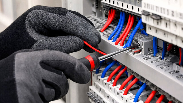 Electrician connecting red and blue wires in industrial electrical panel with copy space