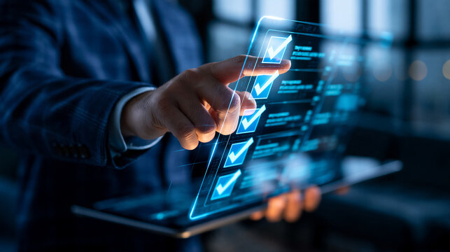 Cropped torso view of a businessman selecting items on a glowing transparent checklist in a dark modern office fingertips aligned with blue checked boxes faint window