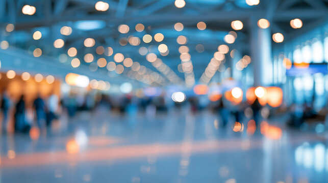 Deliberately defocused airport scene with silver structural lines and soft pools of overhead light indistinct rear traveler shapes at the lower edge and a wide pale central area