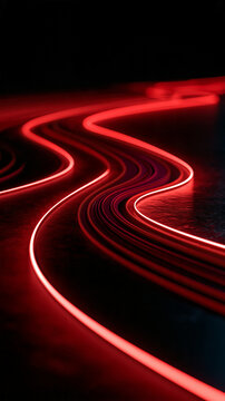 Abstract photographic study of parallel red neon light strips sweeping across a black reflective surface long exposure curves forming a layered wave with deep burgundy shadows
