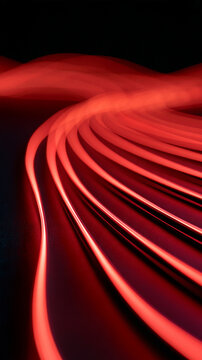 Abstract photographic study of parallel red neon light strips sweeping across a black reflective surface long exposure curves forming a layered wave with deep burgundy shadows